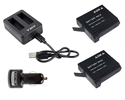 ADIKA Hero 4 Dual Charger + Battery Eliminator USB Car Charger for GoPro + 2 pcs for Go Pro Hero4 Rechargeable Batteries Pac AHDBT-401 Accessories Bundle for GoPro Camera Back up Batteries