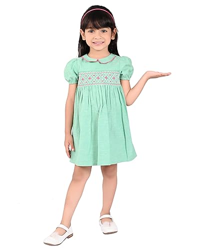 Image of Beebay Kids Girls Rose Embroidery Smocked Chambray Dress | Soft Polycotton Fabric | Round Neck | Casual Wear