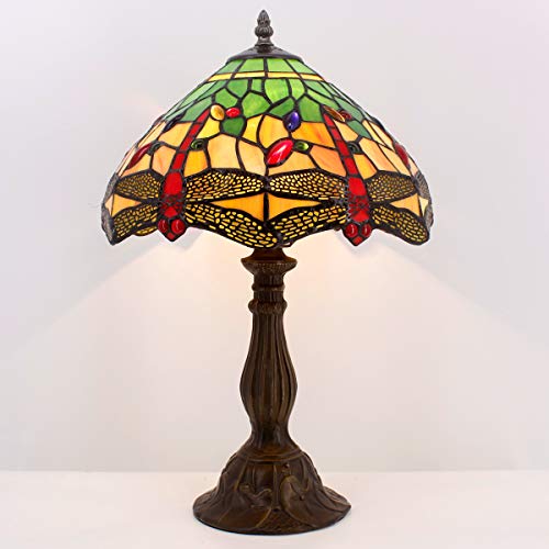 Image of WERFACTORY Tiffany Table Lamp Stained Glass Dragonfly Style Light 18 Inch