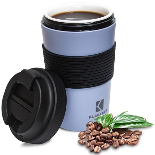 Klaraber Ceramic Travel Mug with Lid, Portable Porcelain Cup with Sleeve, Leakproof Ceramic Lined Coffee Cup Travel Mug, Reusable Coffee Cup, 350ml / 12oz(Blue)