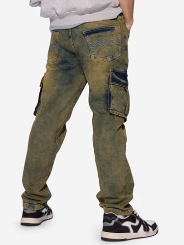 Image of The Souled Store Denim: Washed Green Men and Boys Buttoned Cotton Blend Straight Fit Cargo Jeans