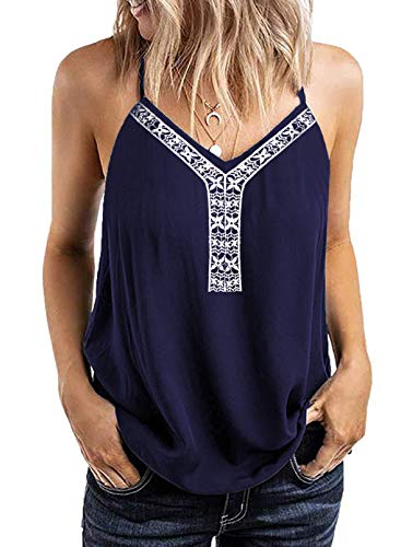 Astylish Women's Summer V Neck Strappy Flowy Elegant Retro Boho Cute Halter Cami Tank Tops Casual Loose Fitting Sleeveless Shirts Blouses Blue Medium