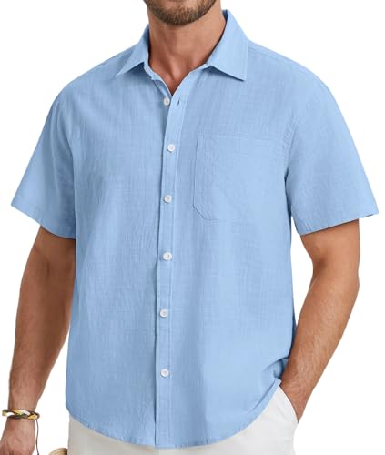 HISDERN Mens Short Sleeve Shirts Blue Linen Shirts for Men Casual Button Down Solid Color Shirt Lightweight Summer Beach Shirt with Pocke Regular Fit L