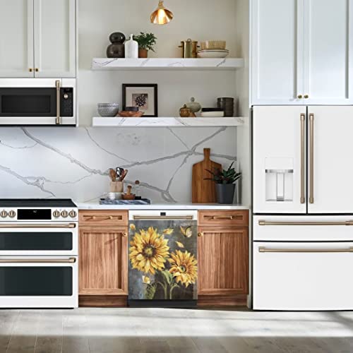 Majo Farmhouse Sunflower Magnet Dishwasher Cover Farm Kitchen Decor, Painting Sunflower Butterfly Magnetic Refrigerator Panel Decal, Sunflower Art Fridge Decal (23" X 26"Magnetic) #TOP5