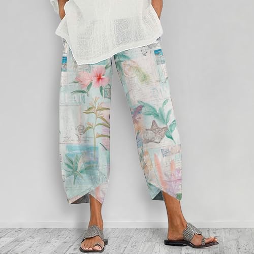 Womens Linen Wide Leg Pants Boho Floral Baggy Barrel Pants Casual Drawstring Elastic Waisted Trousers with Pockets2