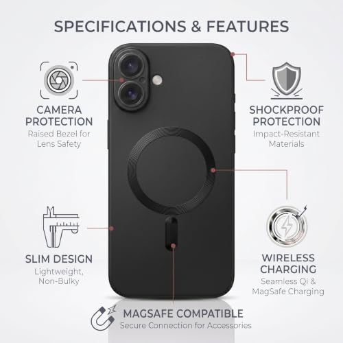 Image of amazon basics Premium Mag-Safe Case for iPhone 16 Plus | Shockproof & Anti-Scratch Cover | Soft Silicone with Wireless Charging | Camera Lens Guard - Black