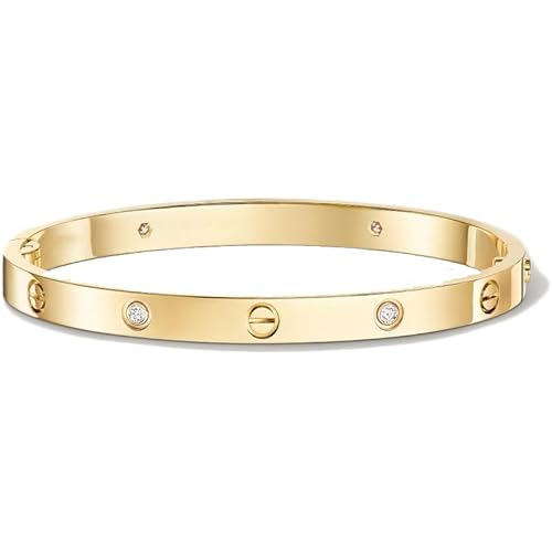 18K Gold Diamond Bracelet Bangle with Screw Design, Classic Style, Yellow Gold Finish