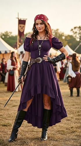 Renaissance Costume Women High Low Summer Corset Dress Purple L — view 4