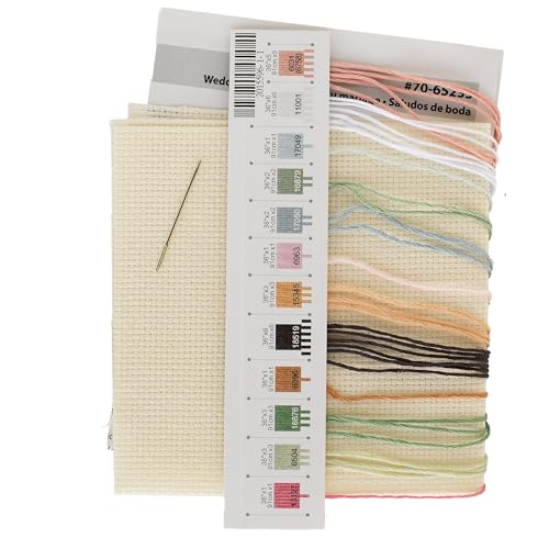 Image of Dimensions 70-65233 Wedding Cheers Counted Cross Stitch Kit for Beginners, 6 inch x 6 inch, 14 Cnt. Ivory Aida, 4 Pieces