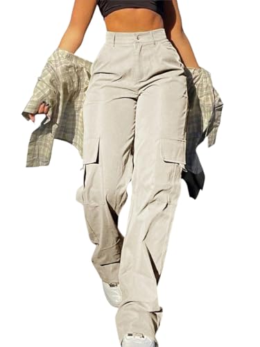 SDNGED Beige Cargo Pants for Women High Waisted Baggy Wide Leg Stretchy Y2K Streetwear Black Cargo Pants Women with Pockets