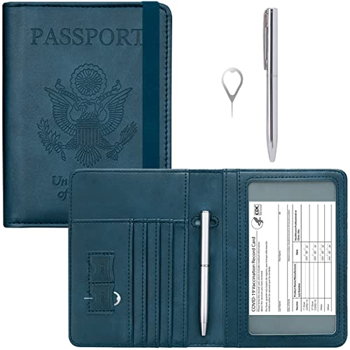 Hotcool Passport Holder Upgraded Version Leather Passport And Vaccine Card Holder Combo Slot Wallet Travel Cover Case, With 11 Pockets, Pen And Pin, Rfid Blocking And Elastic Strap, Navy Blue #TOP4
