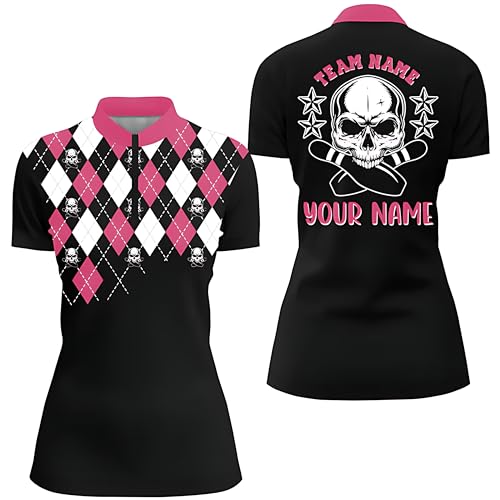 Personalized Bowling Shirt for Women with Pink Skull Custom Name and Team Name Quarter Zip Bowling Jersey Q4690