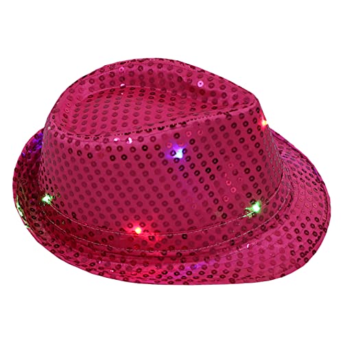 Chapeau de jazz lumineux à paillettes avec LED, rose vif, Taille unique