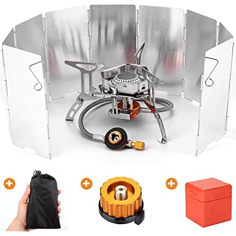 Odoland Campingkocher 3500W Gaskocher mit Piezozündung Adapter und Faltbar Aluminium Windschutz Gas Campingkocher Cover