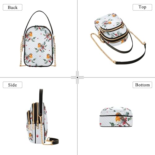 Shoulder Purse for Women Cartoon Birds Red Berries Winter Quilted Cell Phone Wallet Chain Purse Cute Zipper Bowler Tote Ladies Satchel, 5.9" × 8.3" × 3.1"4