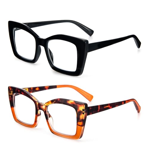 MMOWW Paquete de 2 gafas de lectura de gran tamaño para mujeres con montura cuadrada, estilo de moda, anti luz azul para mujeres y hombres (Negro + Tortuga, +1.0)