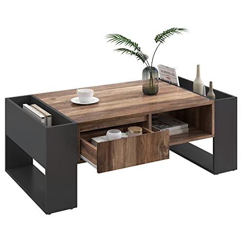 BTM Table de Salon avec Espace de Rangement, Table Basse en Bois avec Tiroir et Compartiments, pour Salon, 106.4x40x60cm, Brun et Noir