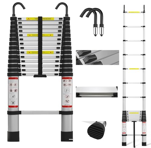 Échelle télescopique Extensible de 14,5 Pieds en Métal avec 2 Crochets, Pieds en Caoutchouc antidérapants, Polyvalente et Repliable, 4,4 m