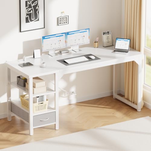 Image of Mericonia 54 inch Computer Desk with Drawer, 1.2 inch Thick Reversible Office Desk | Modern Writing Table with Power Outlets & Storage Shelves, Heavy Duty Industrial Executive Desk for Home Bedroom Study Work