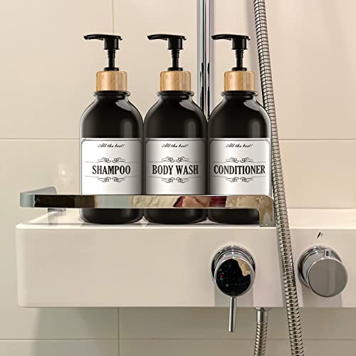 Lifemoda Shampoo And Conditioner Dispenser With Bamboo Pump, 3 Pcs Of 16 Oz Shampoo Conditioner Body Wash Dispensers, Refillable Shampoo And Conditioner Bottles With 6 Labels(Black) #TOP6