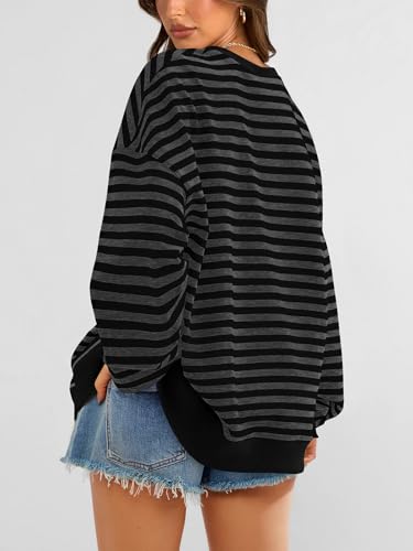 PRETTYGARDEN Womens Striped Oversized Sweatshirt Color Block Crew Neck Long Sleeve Casual Loose Pullover Top Y2K Clothes (Black Dark Grey, Large) — view 5