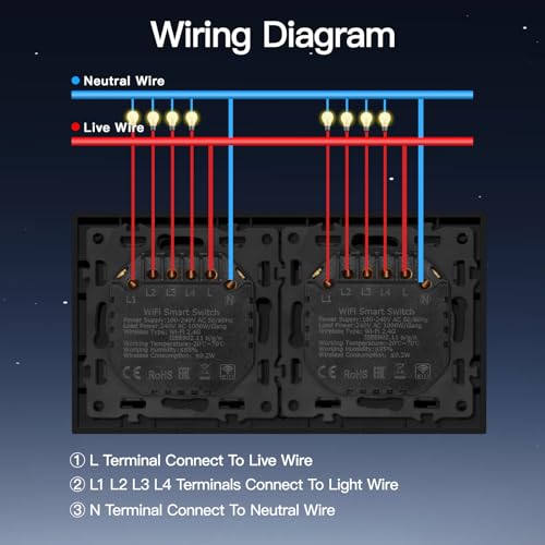 BSEED Smart WIFI Lichtschalter Unterputz, 4 Fach 1 Weg + 4 Fach 1 Weg, Wlan Wandschalter mit PC Rahmen, Intelligente Taster Schalter kompatibel mit Alexa/Google Home/Tuya/Smart Life, Schwarz