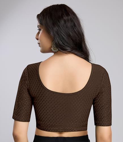 Image of TRENDMALLS Women's Dobby Pure Cotton Elastin Stretchable Readymade Round Neck Elbow Length Sleeves Blouse Choli Stylish Saree Blouse Ready to Wear