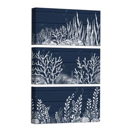 HOMEOART Blue Bathroom Wall Art Coral Painting Picture Coastal Artwork
