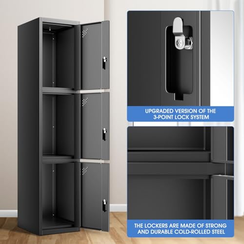 Image of DNA Motoring Metal Storage Cabinet for Employees with Keys, 71 inch Employees Metal Locker with 3 Doors, Tall Storage Lockers for Garage,Office,Home,Gym, Black, TOOLS-00789-BK-BK