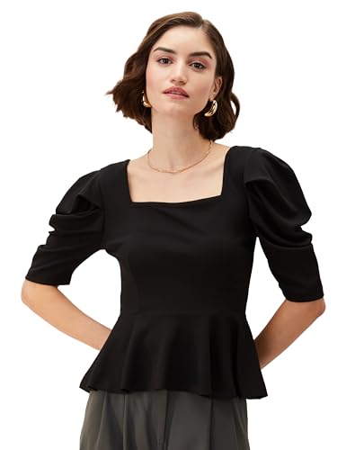 Image of Amazon Brand - Eden & Ivy Women Solid Crepe Square Neck Puff Sleeve Regular Fit Peplum Knit Top (Available in Plus Sizes)