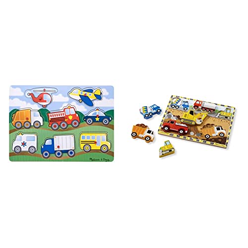 Melissa & Doug Vehicles Wooden Peg Puzzle (8 Pcs) & Construction Vehicles Wooden Chunky Puzzle (6 Pcs) #TOP9