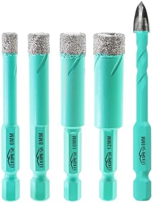 LEKOMESH Diamond Drill Bit Kit - 4pcs 6/8/10/12MM Diamond Hole Saw & 1pc 6MM Carbide Drill with Quick Change Hex Shank for Porcelain Tile Drill Bits for Ceramic Marble Granite Stone Quartz
