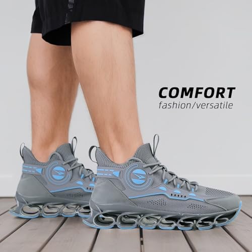 Image of Men's Running Shoes Fashion Sneakers Breathable Blade Non Slip Walking Shoes Gym Sport Trainer Athletic Grey Blue 9.5
