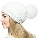 Dikoaina Womens Girls Knitted Fur Hat Real Large Silver Fox Fur Pom Pom Beanie Hats (White With White Fox Pom)