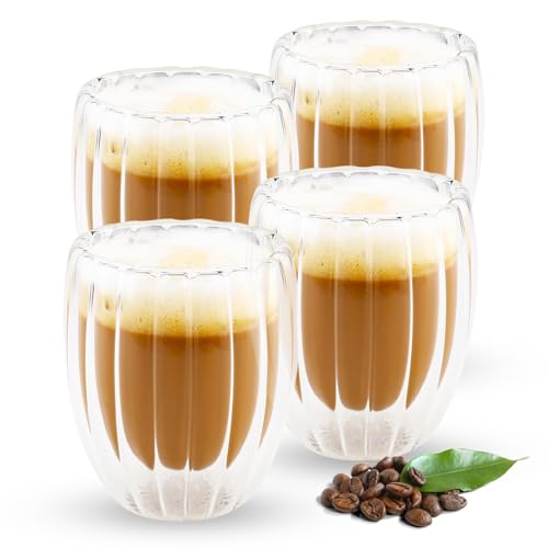 Gerippte Doppelwandige Kaffeegläser,4 Stück 330ML Latte Macchiato Gläser Cappuccino Tassen Für Lattes Tee Soda Wasser Gerippte Doppelwandige Kaffeegläser,4 Stück 330ML Latte Macchiato Gläser Cappuccino Tassen Für Lattes Tee Soda Wasser