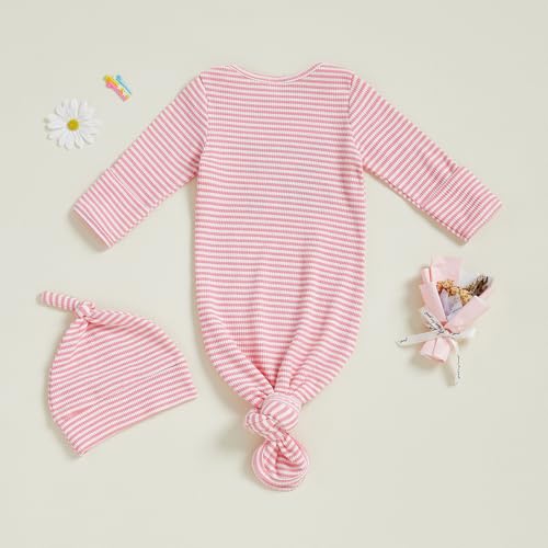 Image of Baby Girl Boy Sleeping Waffle Bag Letter Embroidery Long Sleeve Sleep Striped Sack with Hat 2 Piece Set for Fall