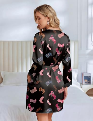 Ekouaer Silk Robe for Women Short Satin Robe 3/4 Sleeves Lace Trim Kimono Bathrobe Sexy Bride Bridsmaid Sleepwear with Pocket — view 5