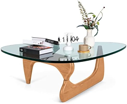 Noguchi Table Triangle Glass Coffee Table Vintage Glass End Table, Solid Wood Base and Triangle Clear Glass Top Modern End Table for Living Room, Patio, Study