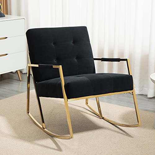 SEYNAR Rocking Chair,Upholstered Accent Chairs,Comfy Glider Living Room Chairs for Padded Seat with Golden High Armrest,Rocking Chair Nursery for Living Room,Dining Room,Bedroom,Kitchen(Black)