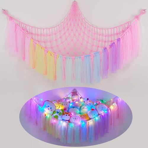 Image of FIOBEE Stuffed Animals Net LED Light Toy Hammock for Kids Bedroom Storage | Stuffed Animals Storage Organizer, Girls Room Decor, Teddy Bear Holder, Space Saving, for Kids Nursery Bedroom Playroom
