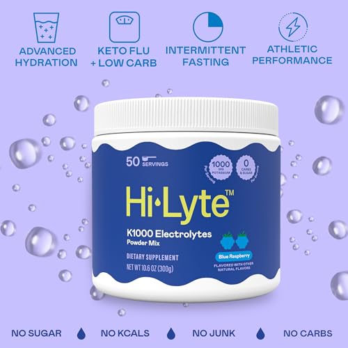 Image of Hi-Lyte K1000 Blue Raspberry Electrolytes Powder, 50 Servings - 1000mg Potassium + Magnesium, Sodium, Trace Minerals - 0 Carbs, 0 Sugar