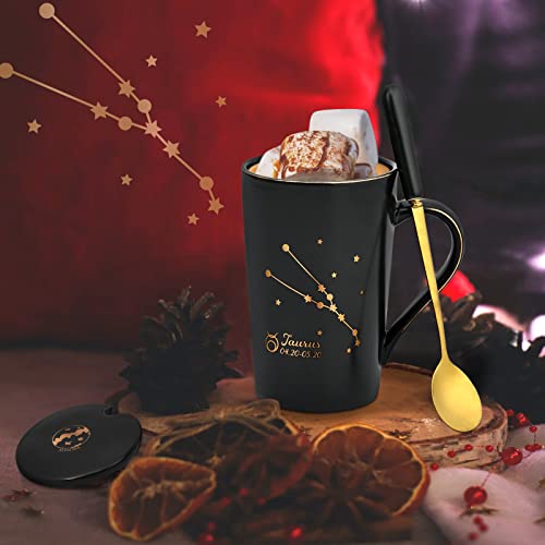Yhrjwn - Taurus Gifts For Women, Taurus Constellation Zodiac Sign Star Coffee Mug, Birthday Gifts For Women Girls Men Teens, Gifts For 12 Horoscope Astrology Lovers 14 Oz Black (Spoon, Lid, Gift Box) #TOP3