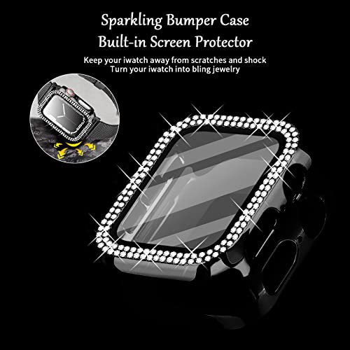 Joyozy Slim Stainless Steel Band Compatible with Apple Watch 38mm 40mm 41mm 42mm 44mm 45mm 46mm Milanese Strap with Bling Glitter Case Built-in Screen Protector Dressy Bracelet Band for Women (Black 45mm)