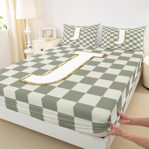 Image of Erosebridal Sage Green Checkered Bedding Set Queen Plaid Initial J Bed Sheets Personalized Monogram Sheet Set Kids Boys Girls,Fashion Grids Gingham Fitted Top Sheets 4 Piece