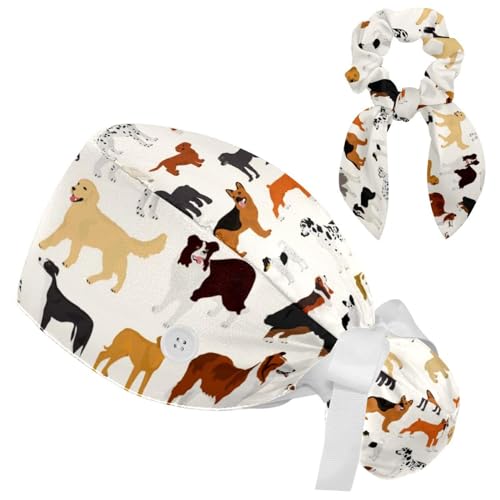 Animals Dogs Scrub Caps Adjustable Working Cap Surgical Caps Nurse Hat with Bow Hair Scrunchy