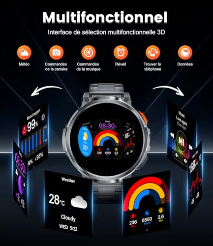 Smartwatch Herren mit Taschenlampe/1.85“ HD Display/730 mAh Akku Telefonfunktion Smart Watch mit 120+ Sportmodi, IP68 Wasserdicht Fitnessuhr with 24/7 Herzfrequenz, SpO2 für Android iOS 3 Gurte – Bild 5