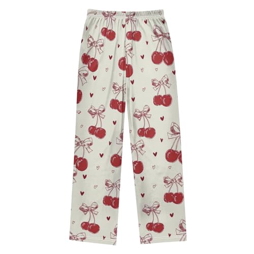 Pajama Pants Sleep Pants Soft Elastic Waist Pajama Lounge Pants Red Bow Cherry Love Pattern for 6-14 Years Old2