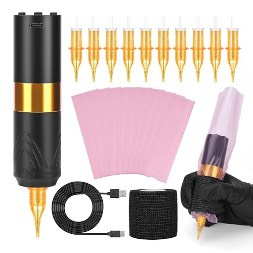 ATOMUS Golden - Kit de máquina de tatuaje inalámbrica de 1600 mAh, fuente de alimentación inalámbrica, bolígrafo giratorio con batería de tatuaje, pantalla OLED digital con 10 agujas de cartucho de