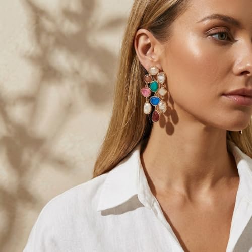 Colorful Crystal Dangle Earrings for Women Boho Rhinestone Statement Drop Earrings Wedding Bridal Prom Jewelry(Colorful) by PWRXENT - Used condition - Image 2