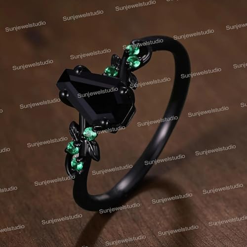 Coffin cut black onyx engagement ring Art deco leaf design emerald wedding nature inspired ring Antique Bridesmaid Jewelry Delicate Gift For Women4